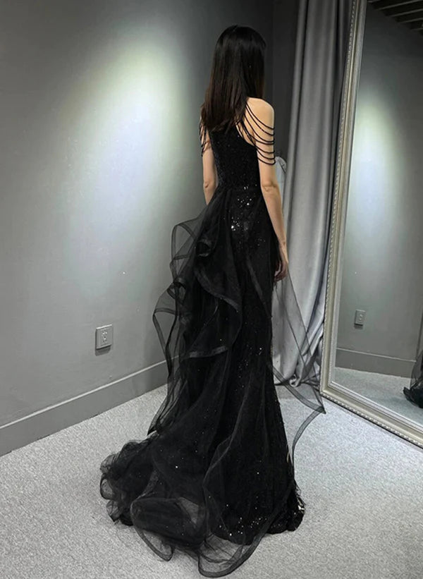Black Halter Sequins Long Party Dress with God Lace